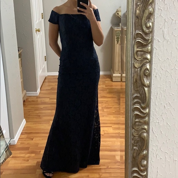 Lauren Ralph Lace Overlay Evening Dress Gown Navy - Picture 2 of 6